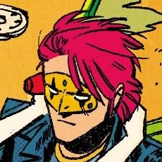 a drawing of a man with red hair and yellow face paint on his face looking at the camera