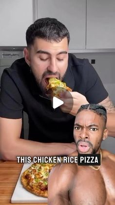 the man is eating his chicken rice pizza with another man looking at him from behind