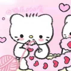 two hello kitty cats playing with yarn on a pink background and hearts in the air