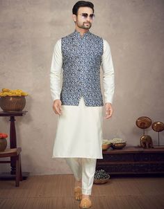 White Kurta Cotton Trouser Front View White Cotton Nehru Jacket, White Winter Sets With Pockets, White Cotton Nehru Jacket With Long Sleeves, White Cotton Nehru Jacket With Stand Collar, Fitted Cotton Sets With Stand Collar, Festive White Cotton Outerwear, White Dupatta, Kurta Cotton, Modest Evening Dress