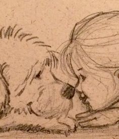 a drawing of two dogs kissing each other with their noses close to the ground,