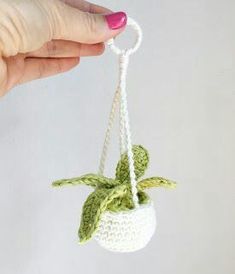 a crocheted plant hanging from a white string with a green leaf on it