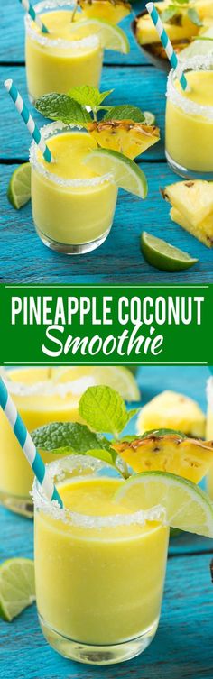 pineapple coconut smoothie in glasses with straws