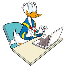 a cartoon duck sitting in front of a laptop computer