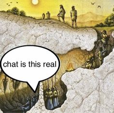 an image of people standing on the edge of a cliff with a speech bubble above it