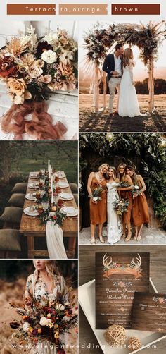 a collage of wedding photos with flowers and greenery in the center, including an antelope