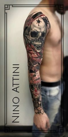 a man with a skull and cross tattoo on his arm