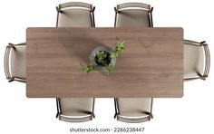 an overhead view of a wooden table with chairs and plants in the center on it