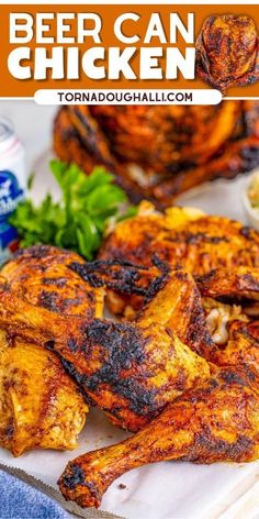 grilled chicken with beer and garnishes on a white platter, text overlay reads how to make the best beer can chicken