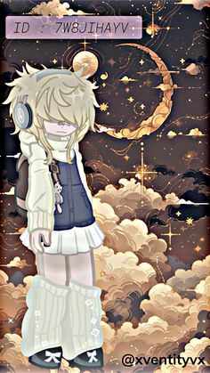 an anime character with headphones on standing in front of clouds and the moon above