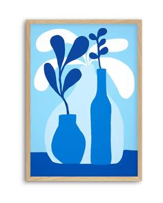 two blue vases with plants in them against a light blue background, on a wooden frame