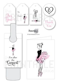 a set of four tags with the words thank you and a ballerina in pink