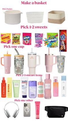 the contents of a travel bag with text that says, make a basket pick 1 - 2 sweets pick one cup