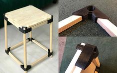 three different views of a small wooden stool with straps attached to the top and bottom