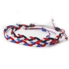 This Red, White, & Blue triple strand braid bracelet is a great complement to any bracelet stack, but simple enough to be worn alone. Available in Red, White & Blue or Red, White & Navy. Adjustable knot for easy on/off High Quality Nylon cord will not fray or break Save 10% on order of 3 bracelets or more! Braid Bracelet, Sliding Knot Closure, Strand Braid, Adjustable Knot, Sliding Knot, Custom Bracelets, Braided Bracelets, Bracelet Stack, Red White Blue