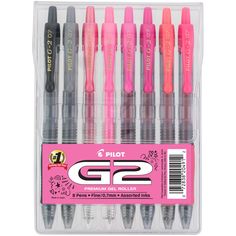 six pilot pens in a clear case with pink and black ink on the tip,