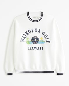 Gender Inclusive Hawaii Golf Graphic Crew Sweatshirt | Gender Inclusive Gender Inclusive | Abercrombie.com White Sporty French Terry Tops, Sporty White French Terry Tops, French Terry Crew Top With Graphic Print, Graphic Print French Terry Crew Top, Graphic Print Crew Top In French Terry, Graphic Print Crew Neck Top In French Terry, White French Terry Top With Graphic Print, Sporty White Sweater With Ribbed Collar, White Athleisure Sweatshirt With Ribbed Collar