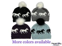 three hats with pom poms are shown in three different colors, one is blue and the other has white horses on it