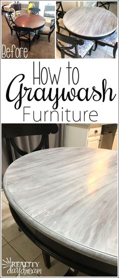 the before and after pictures of how to paint a gray wash finish on an old table