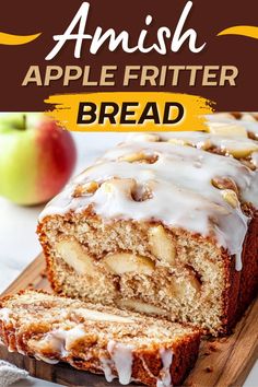 an apple bread with white icing is on a cutting board