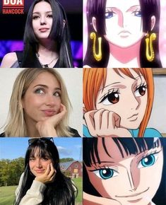 four different pictures of women with blue eyes and black hair, one is looking at the camera