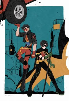 an image of batman and robin wayne in front of a red car with the bat on it