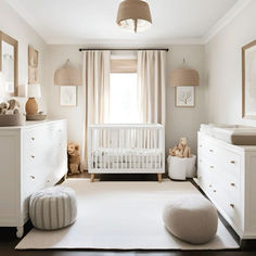 a baby's room is decorated in neutral colors