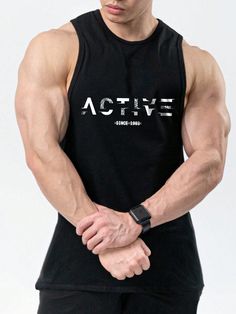 Black  Collar Sleeveless Fabric Letter  Embellished Slight Stretch  Men Activewear Gym Tank Tops Men, Moda Academia, Tank Top Workout, Men Activewear, Workout Training Programs, Sports Tank Top, Tee Shirt Fashion, Men's Activewear, Gym Fashion