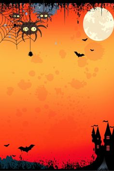 an orange halloween background with bats and spider webs in the air, on top of a castle