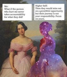 a woman in a pink dress standing next to a purple and blue painting with stars on it