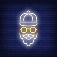 a neon sign with a man's face wearing glasses and a hat