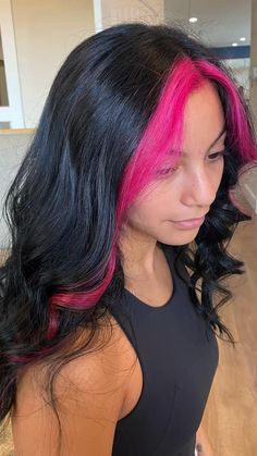 Pink And Black Hair, Neon Hair, Pink And Black, Pink Hair, Hair Inspo, Black Hair, Dye, Hairstyles, Long Hair Styles