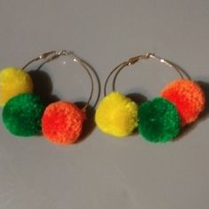 Cute And Fun Pom Pom Hoop Earrings Gold Tone Nwt Vintage Gold Earrings, Large Statement Earrings, Skeleton Earrings, Enamel Stud Earrings, Diy Pom Pom, Gold Elephant, Fabric Earrings, Gem Earrings, Mother Of Pearl Earrings