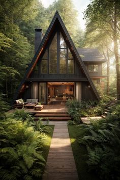 a - frame house in the woods surrounded by greenery