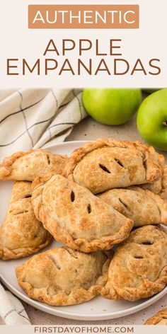 apple empanadas on a plate with apples in the background and text overlay reading authentic apple empanadas