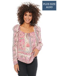 Womens Fashion Cascade Puff Sleeve Square Neck Pink Paisley Print Plus Size Top Jacquard Top, Puff Long Sleeves, Spring Fling, Fashion Top, Plus Size Top, Hem Style, Woven Top, Block Design, Curvy Fashion