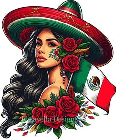 a woman with long hair wearing a mexican hat and holding a flag in her hand