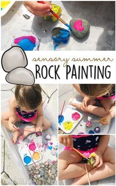 a collage of photos showing how to use rock painting for toddlers'art projects