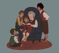 an old woman sitting in a chair reading a book to two young boys and one older man