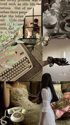 a collage of photos with an old typewriter, teacups, and glassware