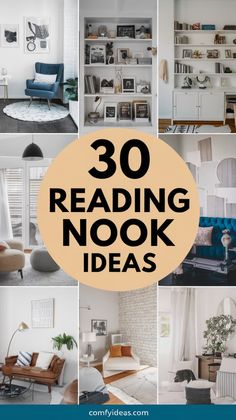 the words reading nook ideas are shown in many different pictures, including bookshelves and