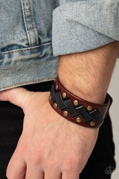 Thick black leather laces zigzag across the front brass studded brown leather band, creating a rustic display around the wrist. Features an adjustable snap closure. Sold as one individual bracelet. Leather Braclet, Live Text, Brown Leather Bracelet, Snap Bracelets, Brass Bracelet, Mens Leather Bracelet, Paparazzi Accessories, Rock Stars, Leather Projects