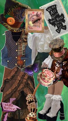 a collage of clothing, hats, and other items is featured in this image