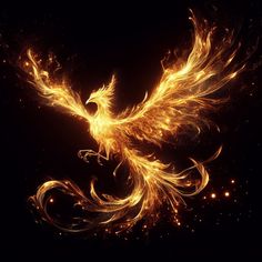 the golden bird is flying through the air with its wings spread out and glowing in the dark