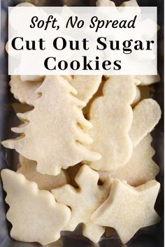 cut out sugar cookies in a plastic container with the words soft, no spread cut out sugar cookies