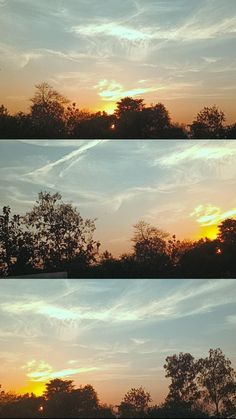 the sun is setting behind some trees and clouds in the sky, with three different views