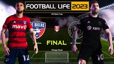 two soccer players standing next to each other in front of a large screen with the words football life 2012 on it