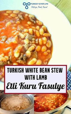 turkish white bean stew with lamb in a bowl and text overlay reading turkish white bean stew with lamb in a bowl