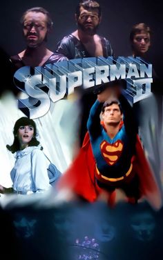 the poster for superman 3 is shown in front of two men and one woman, both wearing