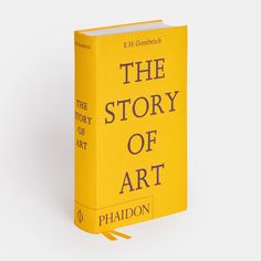 the story of art is written in yellow and black on an orange book with a white background